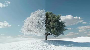 ai généré hiver neige et été vert des arbres en plein air environnement changement et global chauffage concept photo