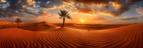 ai généré fascinant Sahara désert panorama à le coucher du soleil avec d'or le sable dunes large bannière vue photo