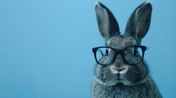 ai généré espiègle lapin sportif des lunettes dans une studio toile de fond, offre une parfait place pour texte inclusion. photo