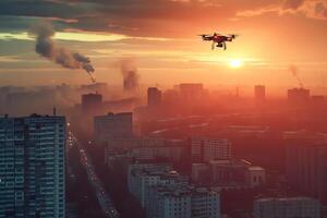 ai généré copter drone plus de ville à le coucher du soleil ou lever du soleil photo