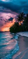 ai généré tropical plage vue à nuageux orageux nuit avec blanc sable, turquoise l'eau et paume des arbres, neural réseau généré image photo