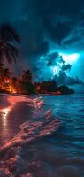 ai généré tropical plage vue à nuageux orageux nuit avec blanc sable, turquoise l'eau et paume des arbres, neural réseau généré image photo