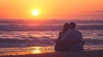 ai généré couple dans l'amour en train de regarder le le coucher du soleil sur une plage photo