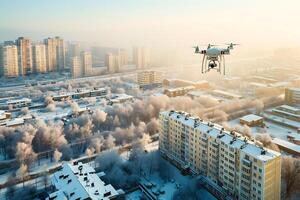 ai généré en volant drone au dessus le ville à hiver Matin photo