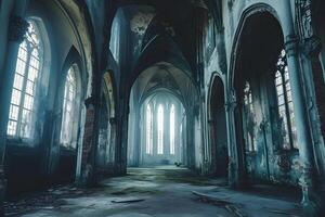 ai généré foncé gothique abandonné ancien chapelle salle intérieur avec grand les fenêtres et Colonnes, brumeux et vider. photo