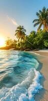 ai généré tropical plage vue à le coucher du soleil ou lever du soleil avec blanc sable, turquoise l'eau et paume des arbres photo