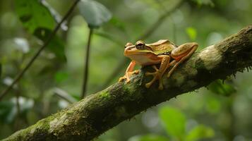 ai généré une grenouille repos sur une arbre branche dans dense jungles photo