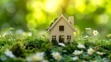 ai généré minuscule jouet maison sur printemps herbe choux. photo