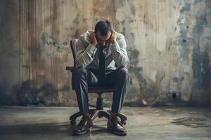 ai généré homme d'affaire assise dans le sien chaise dans frustration et stress photo