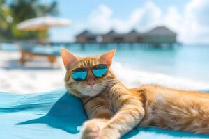 ai généré tigré chat avec des lunettes de soleil posé sur tropical plage photo