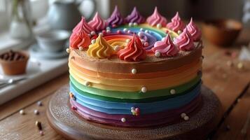 ai généré arc en ciel lgbt drapeau coloré gâteau sur cuisine table photo