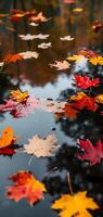 ai généré un abstrait composition de coloré l'automne feuilles flottant sur une réfléchissant l'eau surface de une étang photo