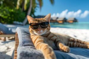 ai généré tigré chat avec des lunettes de soleil posé sur tropical plage photo