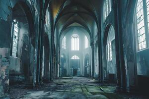 ai généré foncé gothique abandonné ancien chapelle salle intérieur avec grand les fenêtres et Colonnes, brumeux et vider. photo