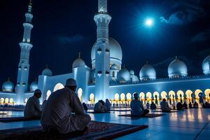 ai généré musulman prières séance dans de face de mosquée à Ramadan nuit avec sélectif se concentrer, neural réseau généré image photo