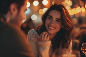 ai généré souriant Jeune adulte femme sortir ensemble avec Jeune adulte homme à le restaurant photo