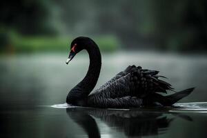 ai généré noir cygne sur l'eau surface, proche en haut photo