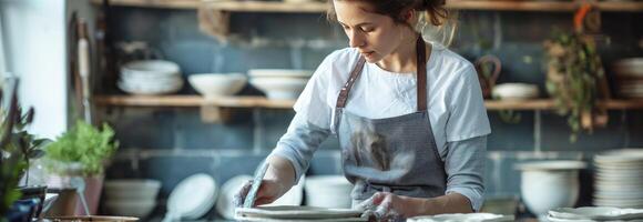 ai généré femme dans un tablier fabrication une céramique assiette photo