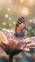 ai généré magnifique papillon sur une fleur contre bokeh Contexte photo