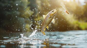 ai généré truite sauter en dehors de le l'eau. pêche concept photo