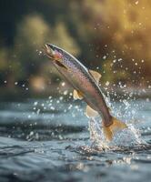 ai généré truite sauter en dehors de le l'eau. pêche concept photo