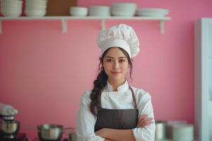 ai généré portrait de Jeune asiatique femme dans chef chapeau et tablier permanent avec bras franchi dans cuisine. photo