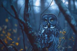 ai généré génial gris hibou strix nébuleuse dans le forêt photo