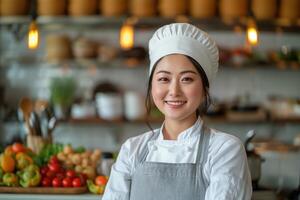 ai généré Jeune asiatique femelle chef dans tablier et chapeau permanent dans moderne cuisine photo