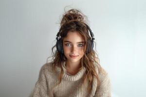 ai généré Jeune magnifique femme avec écouteurs écoute à musique. portrait de une fille dans écouteurs. photo