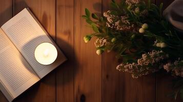 ai généré en bois table avec une fleurs, bougie et livre. soir relaxation et Accueil confort concept photo