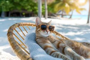 ai généré tigré chat avec des lunettes de soleil posé sur tropical plage photo