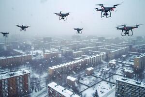 ai généré groupe de drones plus de ville à hiver journée ou Matin photo