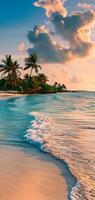 ai généré tropical plage vue à ensoleillé Matin avec blanc sable, turquoise l'eau et paume arbre, neural réseau généré image photo
