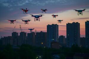 ai généré essaim de drones plus de ville à été lever du soleil photo