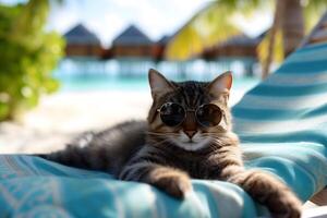 ai généré tigré chat avec des lunettes de soleil posé sur tropical plage photo