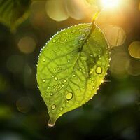 ai généré une fermer de une vert feuille avec l'eau gouttelettes en dessous de lumière du soleil, mise en évidence le complexe motifs et Frais apparence de le feuillage photo