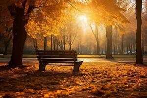 ai généré banc dans le parc à lever du soleil. l'automne paysage avec rayons de soleil photo