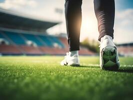 ai généré fermer de jambes de Football joueur permanent sur le vert herbe de une football stade photo