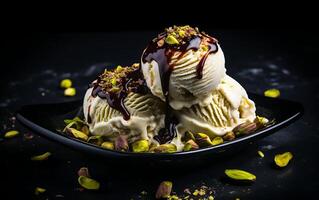 ai généré boules de la glace crème avec pistaches et Chocolat sauce photo