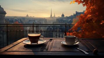 ai généré café tasse sur table avec magnifique l'automne paysage et ville Contexte photo