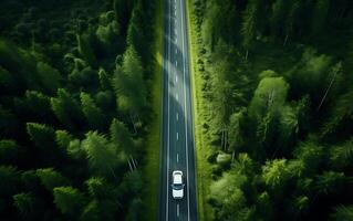 ai généré Autoroute dans le vert forêt, vue de le Haut de le Montagne photo