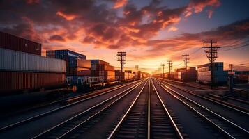 ai généré chemin de fer et cargaison train à coucher de soleil, transport et logistique concept. photo