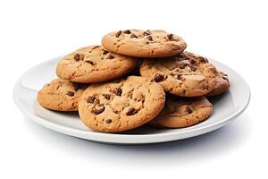 ai généré Chocolat puce biscuits sur une blanc assiette isolé sur blanc Contexte. photo