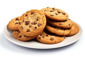 ai généré Chocolat puce biscuits sur une assiette isolé sur une blanc Contexte. photo