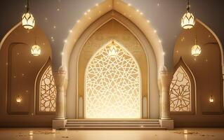 ai généré illustration de Ramadan kareem Contexte avec mosquée et d'or confettis photo