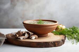 ai généré champignon soupe dans une argile pot sur une foncé Contexte. photo