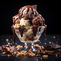 ai généré la glace crème dans verre bol avec Chocolat et vanille la glace crème sur en bois table photo