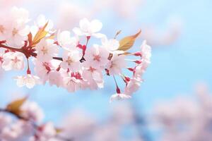 ai généré Cerise fleur dans printemps temps avec bleu ciel et blanc des nuages photo