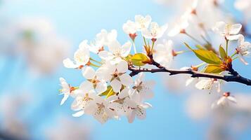 ai généré Cerise fleur dans printemps temps sur bleu ciel arrière-plan, doux concentrer photo