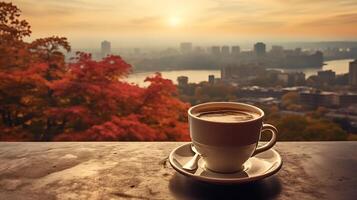 ai généré tasse de café sur en bois table avec vue de ville Contexte photo